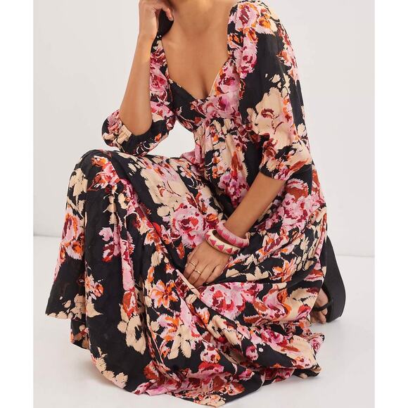 Anthropologie Dresses & Skirts - Anthropologie Size XS S Blossom Black Floral Maxi Dress Puff sleeves Smocked
